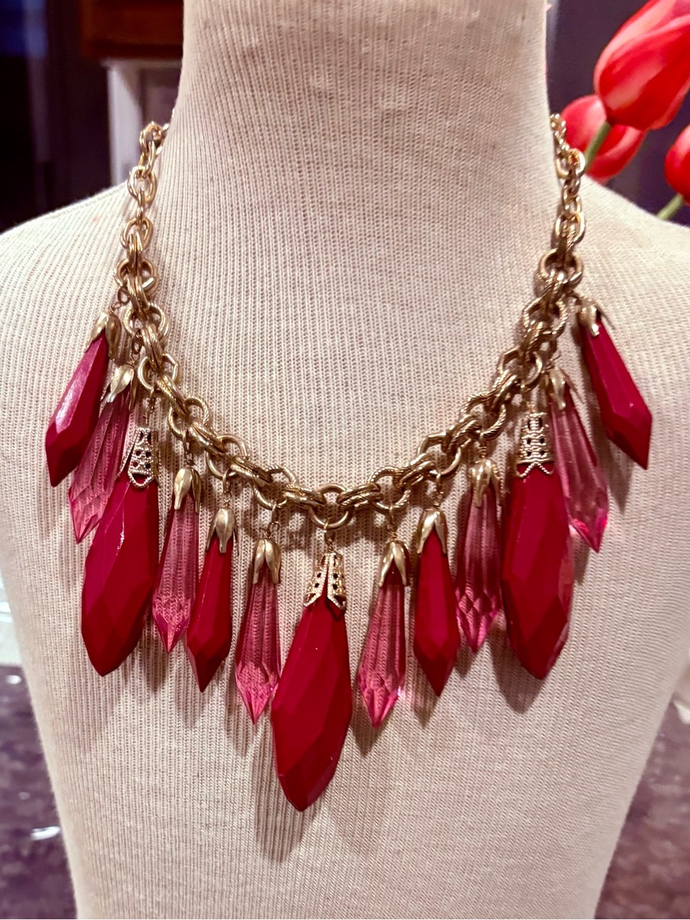 Gold Chain Statement Necklace with Fuchsia and Light Pink Crystal Drops - Picture 8 of 14